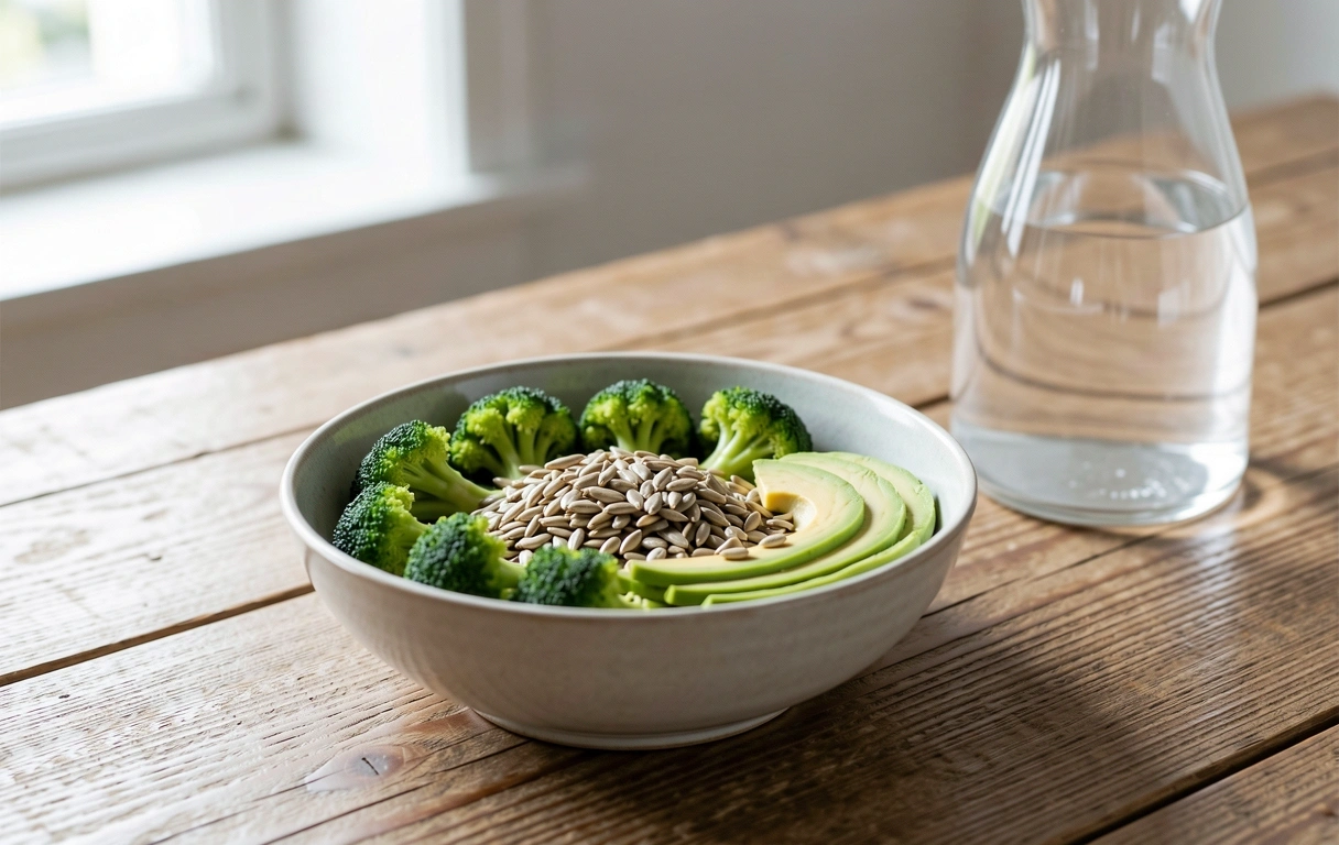 Tuoreita vihanneksia ja puhdasta vettä aurinkoisella pöydällä